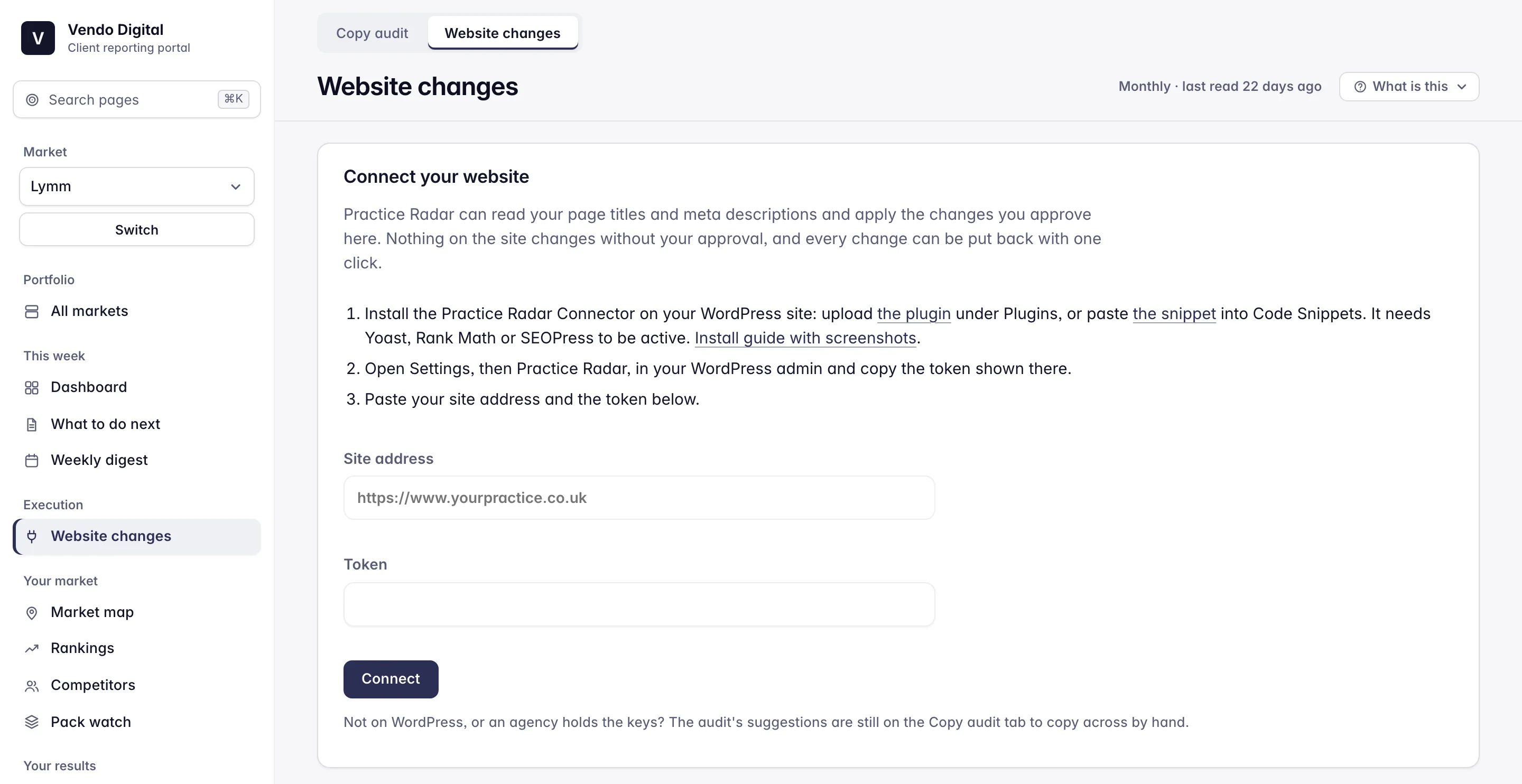 Practice Radar with Website changes selected under Execution in the sidebar, and the connect form with fields for the site address and the token