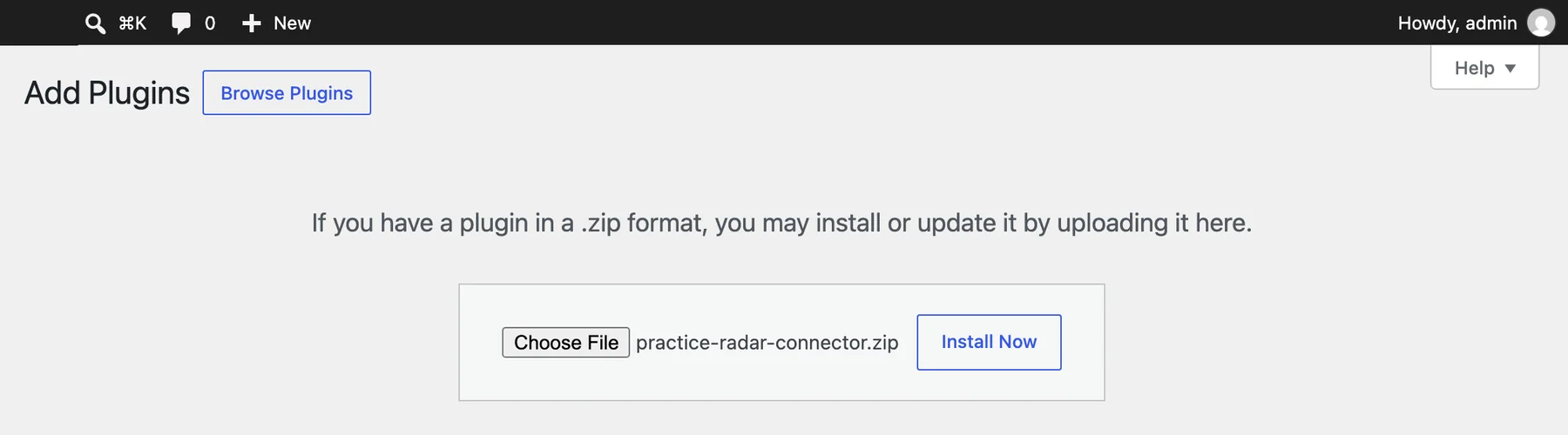 The WordPress Add Plugins screen with practice-radar-connector.zip chosen and the Install Now button