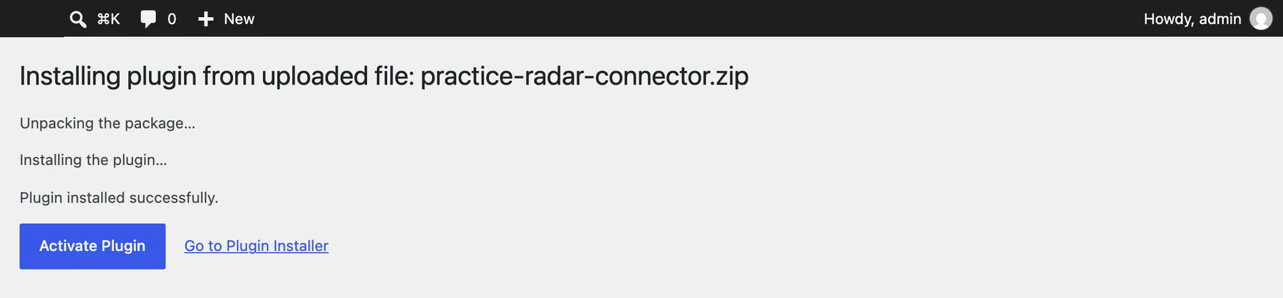 WordPress reporting the plugin installed successfully, with the Activate Plugin button