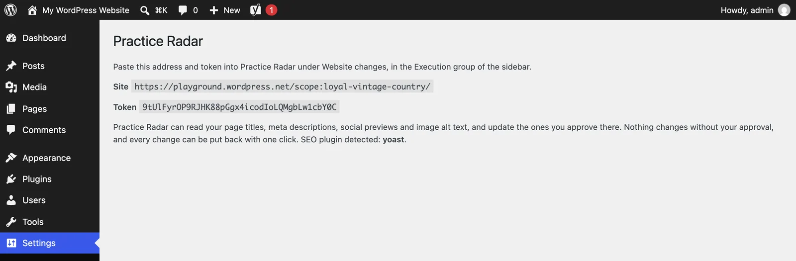 The plugin's own page in a WordPress admin, under Settings then Practice Radar: the site address and the token to paste into Practice Radar, and a note that nothing changes without approval