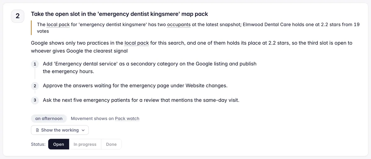 One action from the monthly brief: take the open slot in the emergency dentist map pack, with the evidence, the effort and the steps