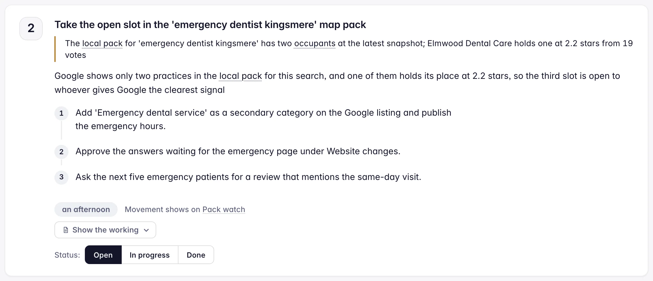 A monthly brief showing a sequenced action with its evidence and steps
