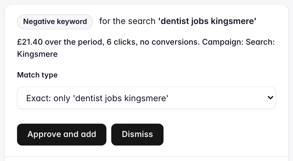 One ad negative in Practice Radar: the wasted search, what it cost, the match type to add and the Approve and add button