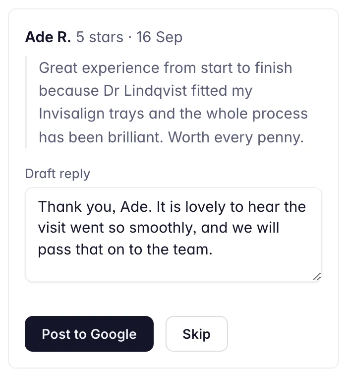 One review reply in Practice Radar: the Google review, the drafted reply in the practice's voice and the Post to Google button