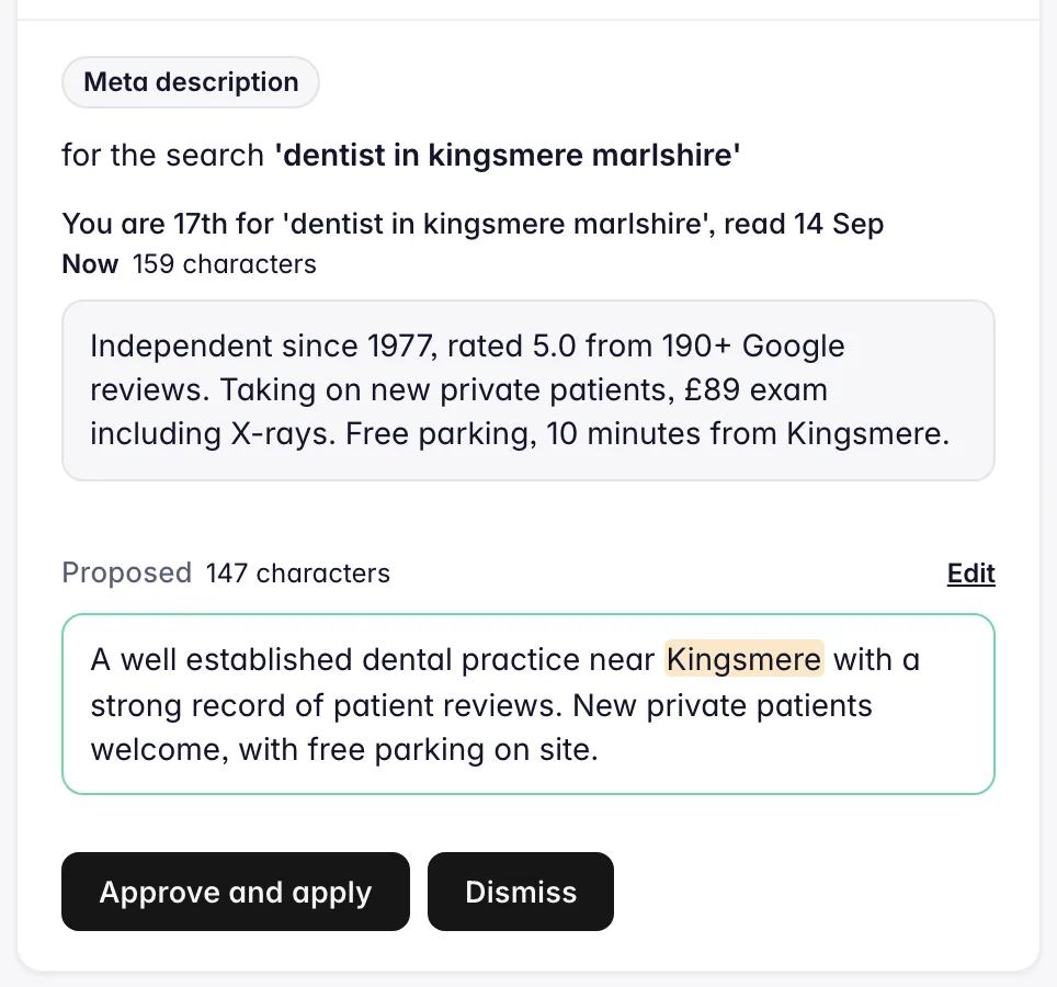 One website change in Practice Radar: the description as it is now, the proposed wording with the search it is for, and the Approve and apply button