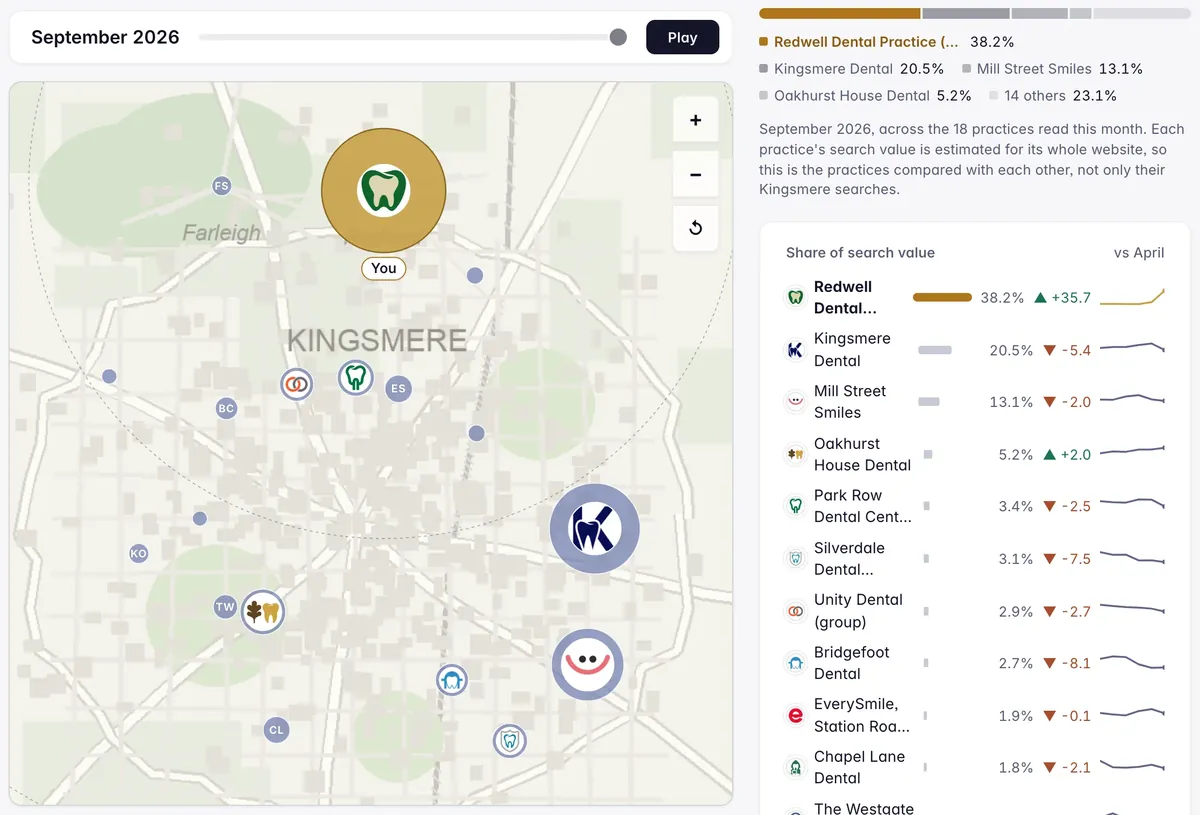 The market map: every practice competing with yours drawn as a bubble sized by its share of local search, with the share leaderboard beside it