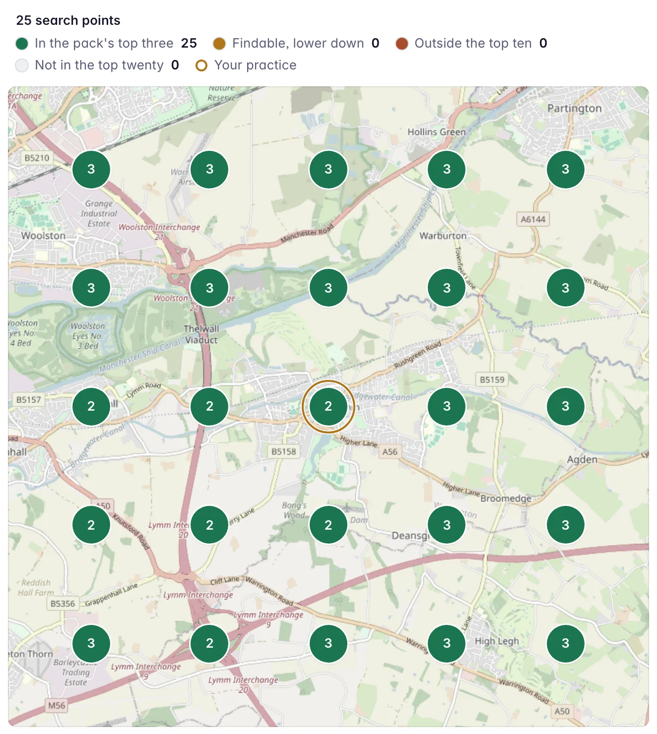 The rank grid: one marker for each of 25 search points across the town, each carrying the position found at that point, drawn on a real map