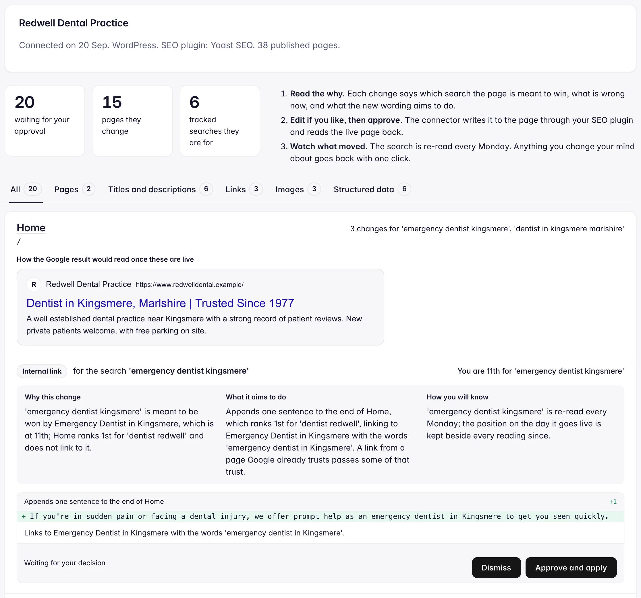 The website changes queue for a connected site: the page it changes, how the Google result would read, why the change is proposed, what it aims to do, and the approve and dismiss buttons