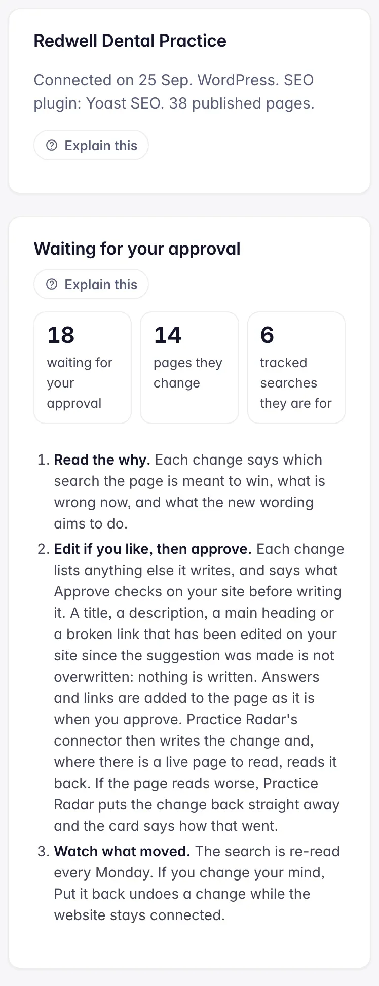 Website changes on a phone: the connected site, the counts waiting for approval, and the three things to do